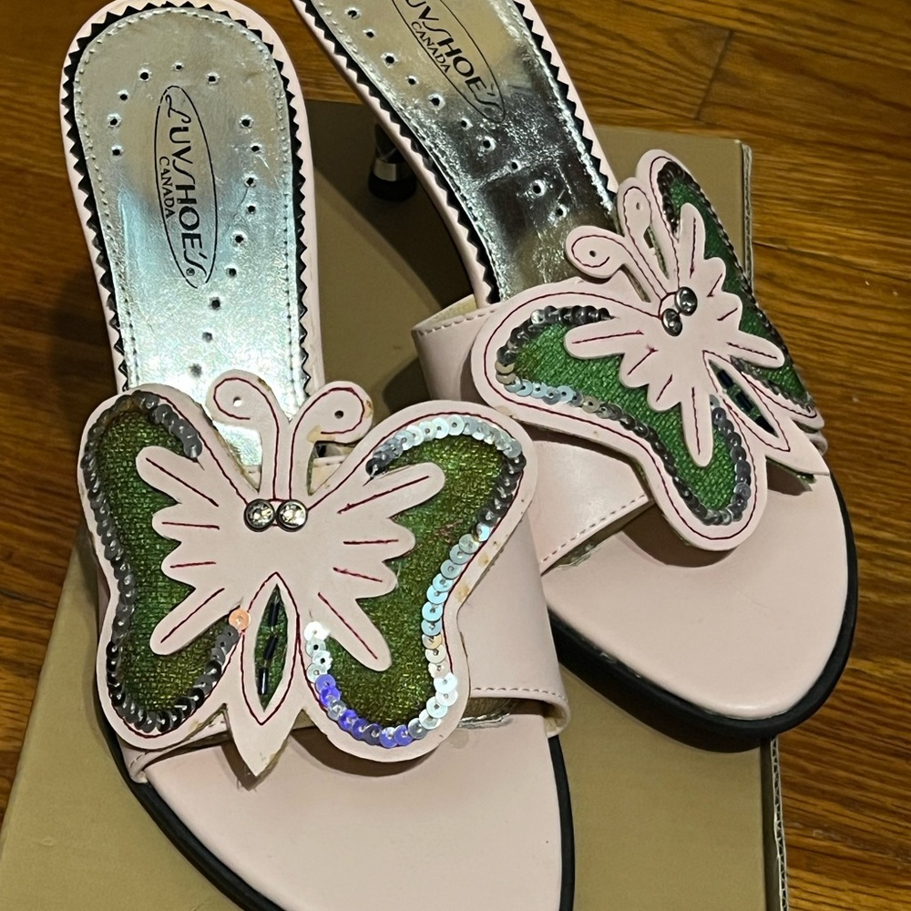 Luvshoe’s Pink and Green Butterfly Heels